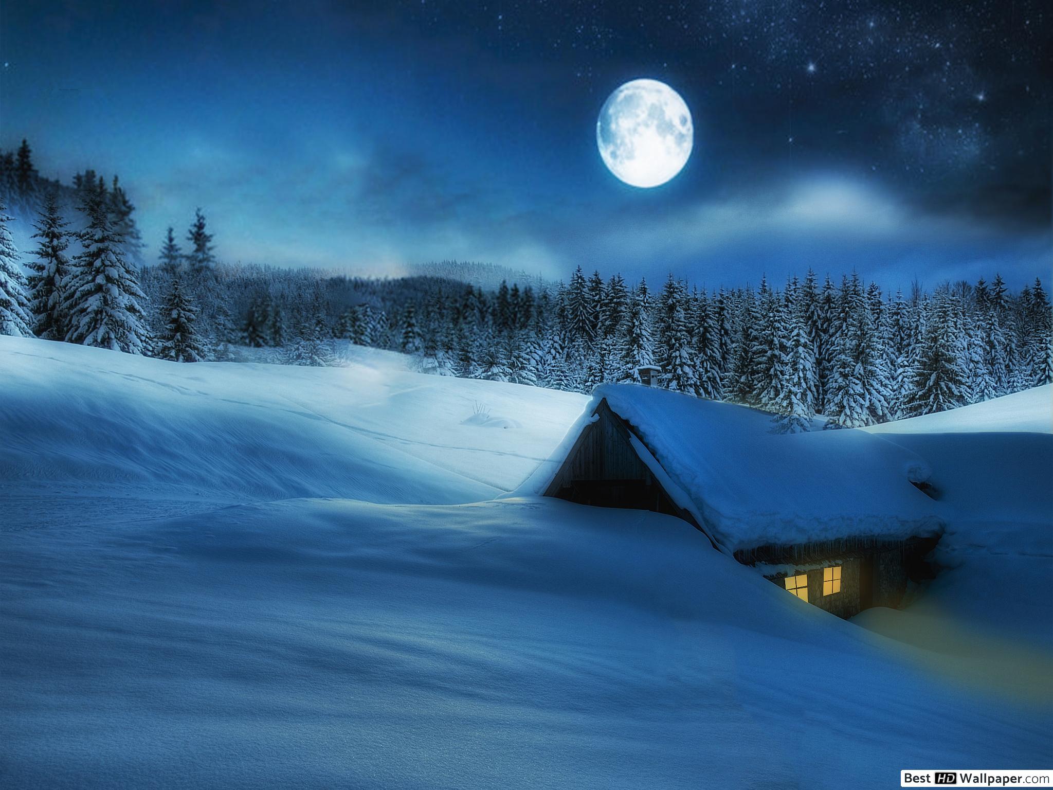 Luna piena su capanna innevata, 2048x1536 2K, PC Desktop