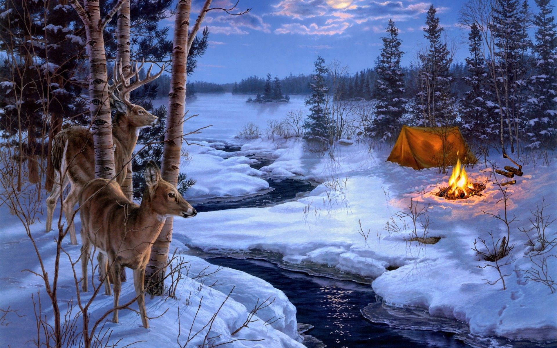 Cervo neve luna dipinto, 1920x1200 Full HD+, iMac
