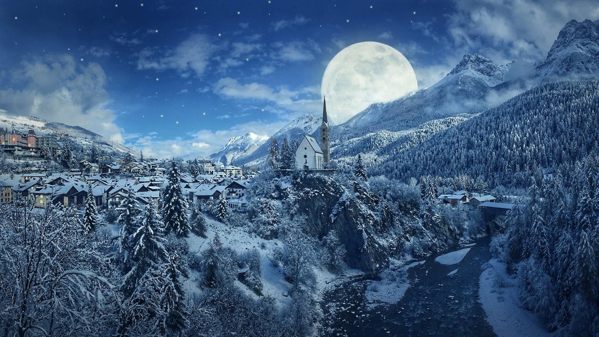 Villaggio innevato con luna piena, 1920x1080 1080p, Desktop