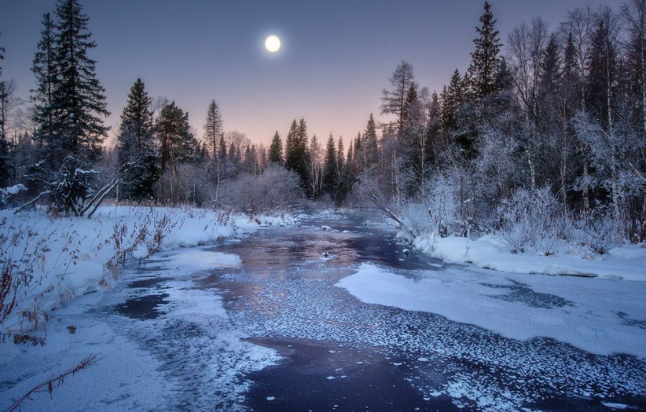 Fiume ghiacciato con luna e neve, 1332x850 HD, Desktop