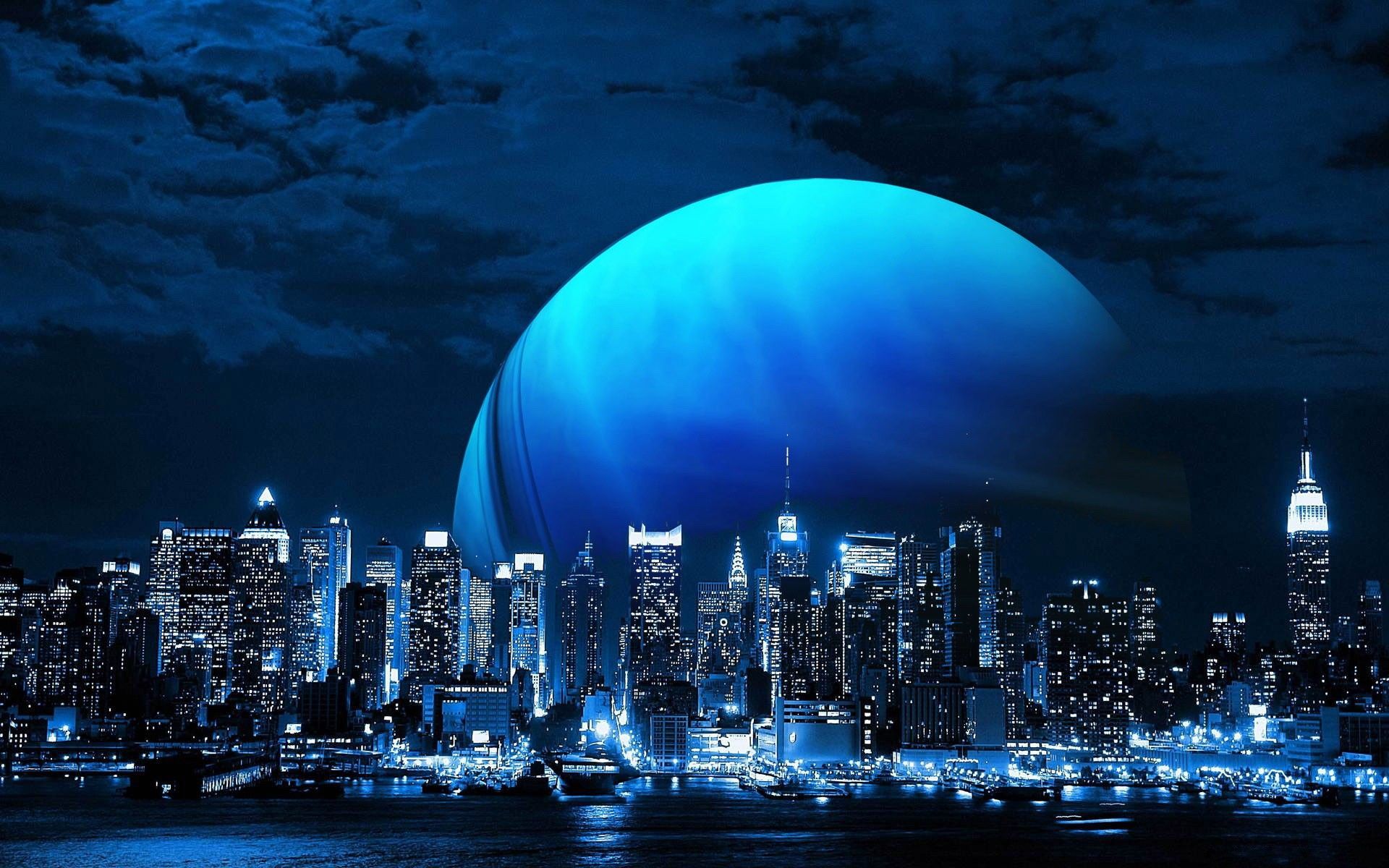 Luna blu gigante su città, 1920x1200 Full HD+ WUXGA, Desktop