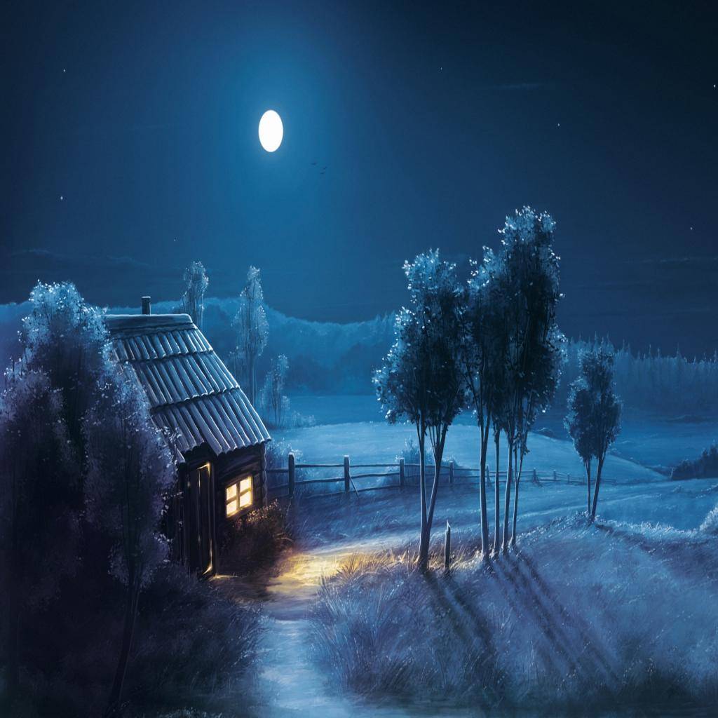Casetta rurale sotto luna blu, 1024x1024 HD, PC