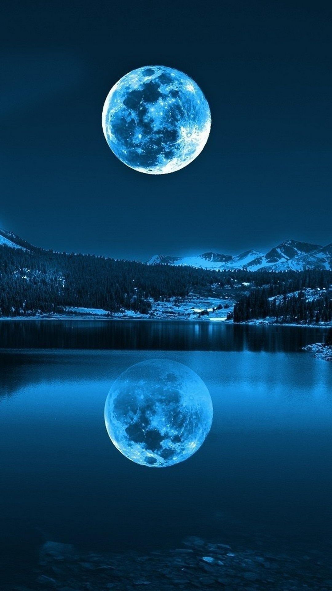 Luna piena blu su lago, 1080x1920 Full HD Verticale, Smartphone