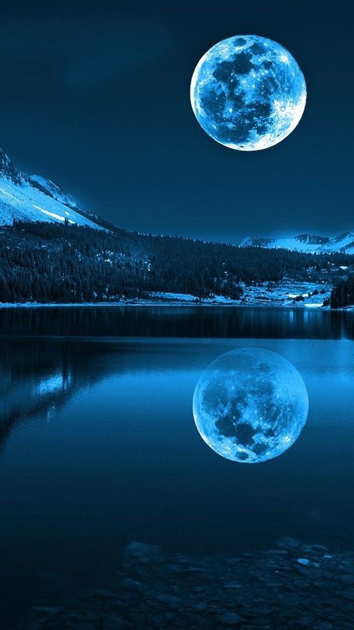 Luna piena su lago blu, 720x1280 Verticale, Android