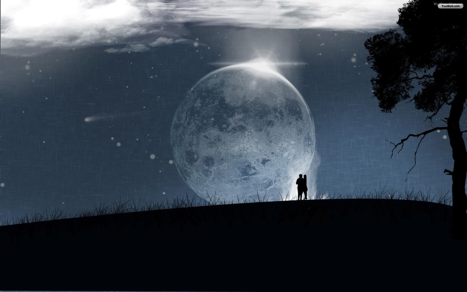 Luna piena coppia silhouette notte, 1920x1200 Full HD+, Desktop