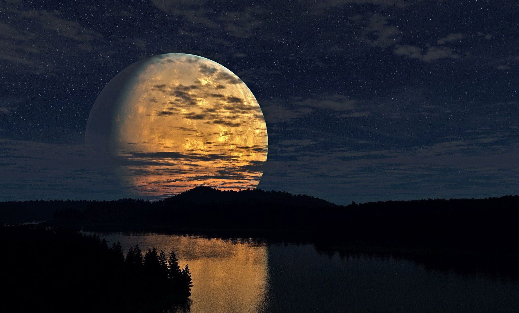 Luna piena arancione su lago, 1790x1080 HD Ready, Desktop