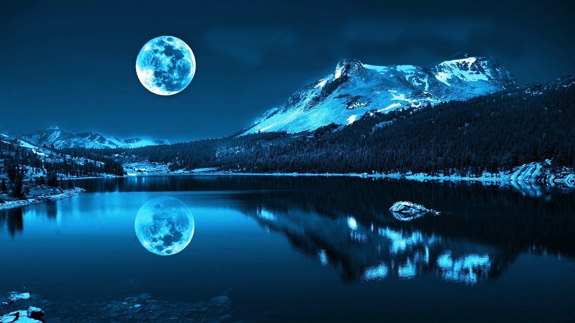 Luna piena su lago montano, 1920x1080 Full HD 1080p, PC Desktop