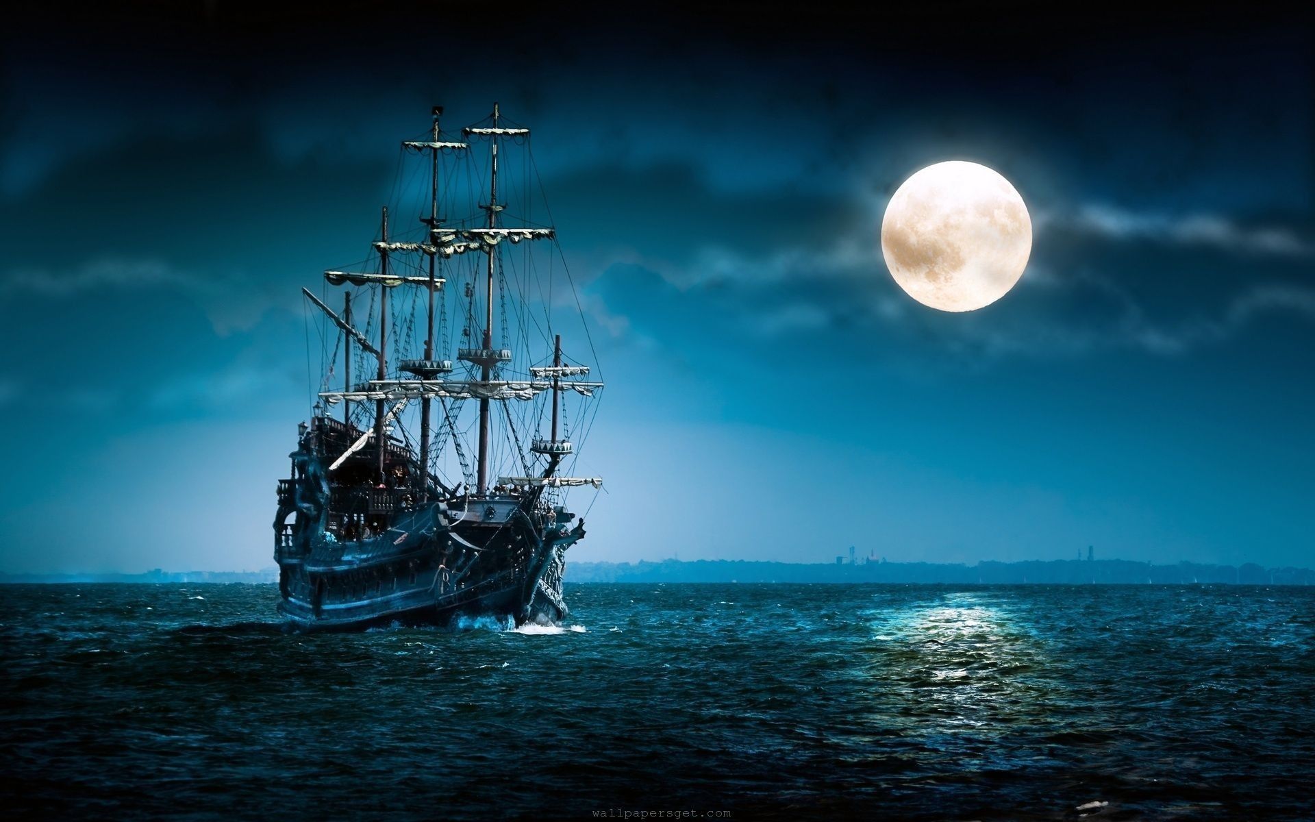 Nave pirata con luna piena, 1920x1200 WUXGA, Desktop