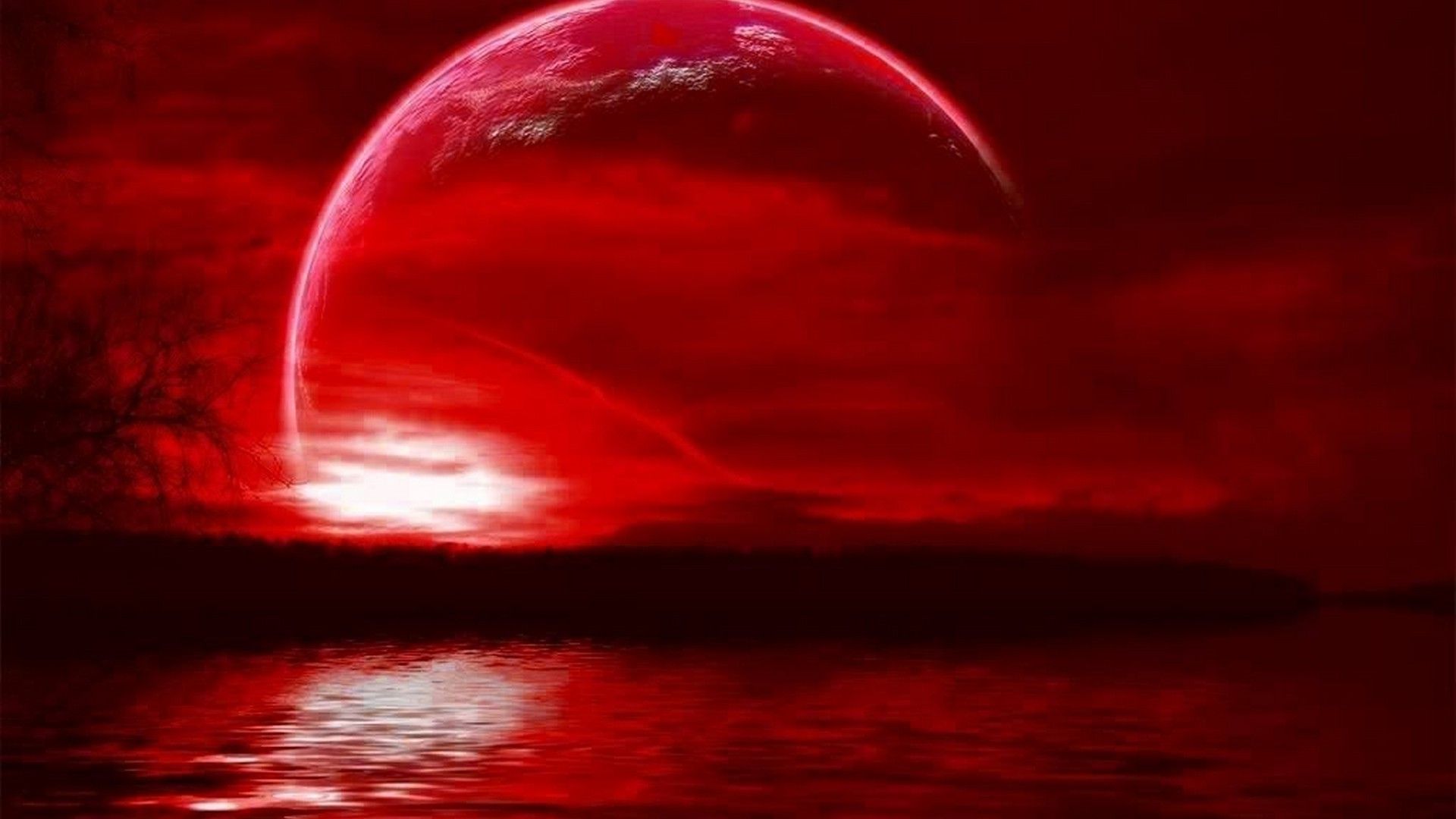 Luna rosso sangue su mare, 1920x1080 Full HD, Desktop