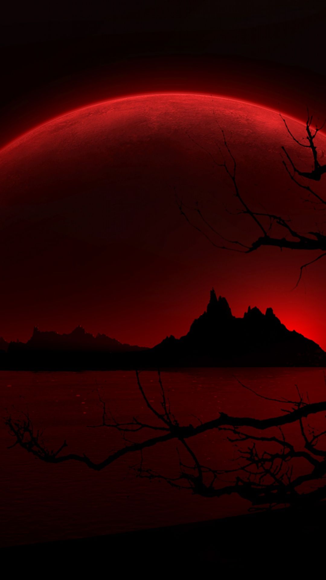 Luna rossa scura montagne silhouette, 1080x1920 Verticale, Mobile