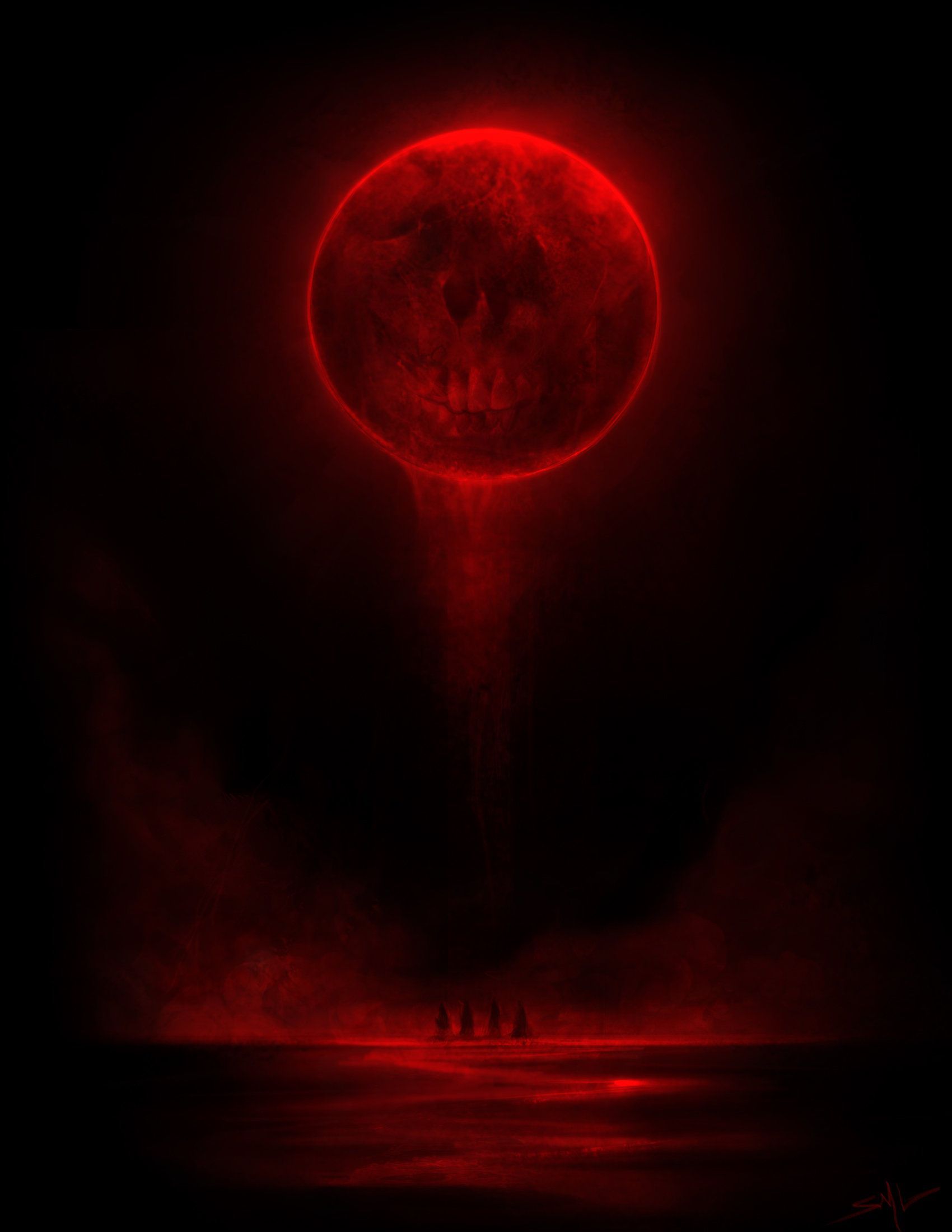 Luna rosso scura con teschio, 1700x2200 Verticale, Mobile