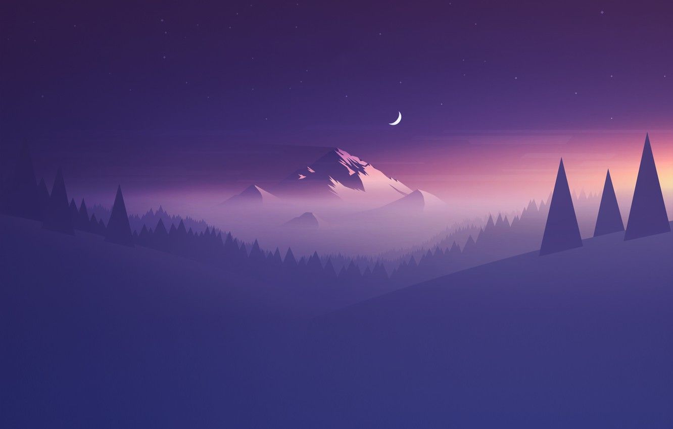 Luna viola su montagne minimaliste, 1332x850 HD, Desktop