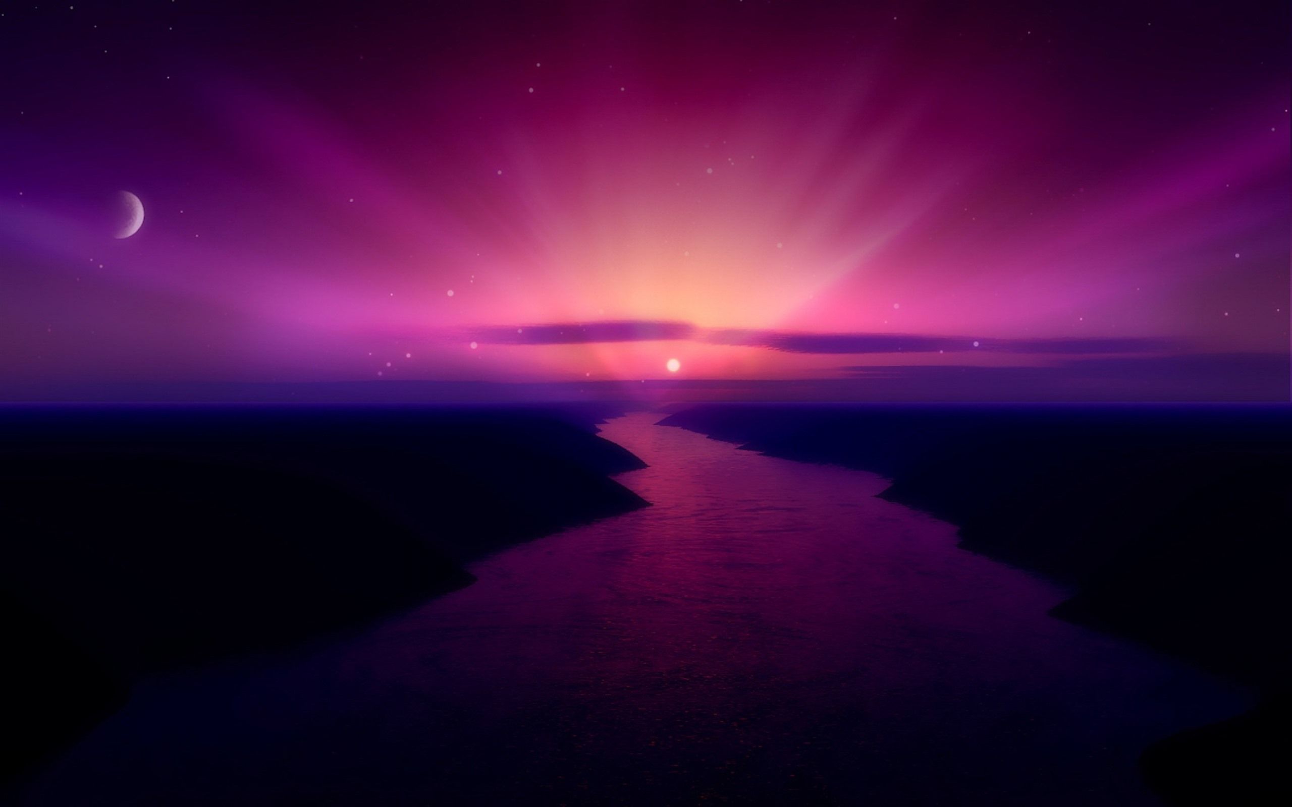 Luna viola alba fiume, 2560x1600 2K+, Desktop