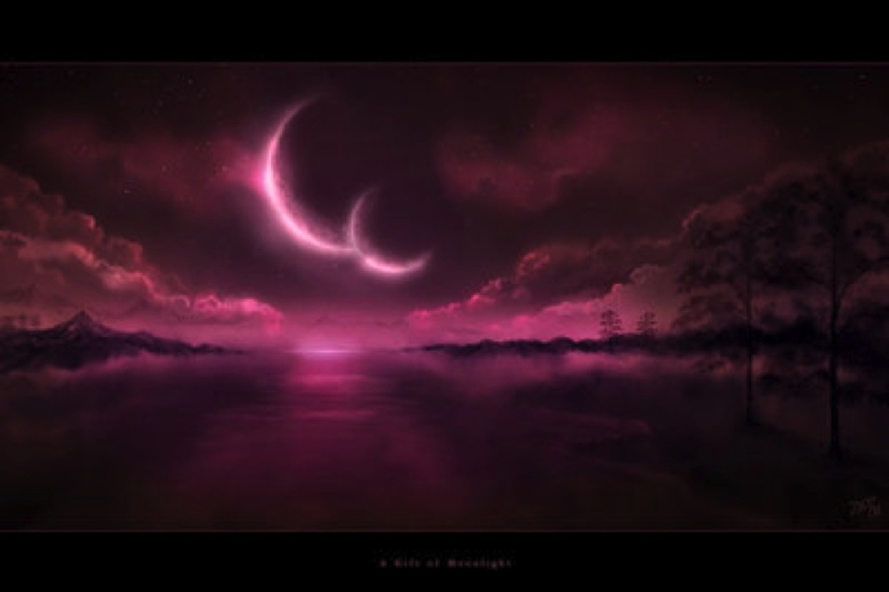 Luna viola crescente su lago, 1280x853 720p, PC