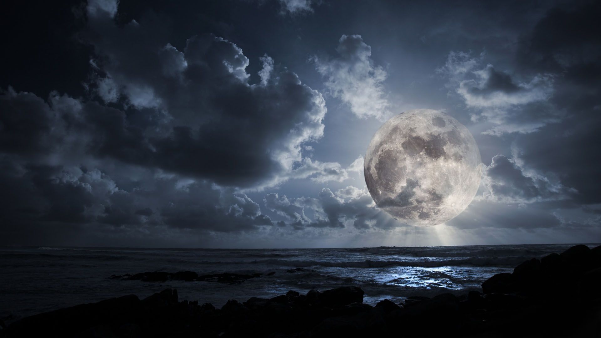 Luna piena su mare notturno, 1920x1080 Full HD, Laptop
