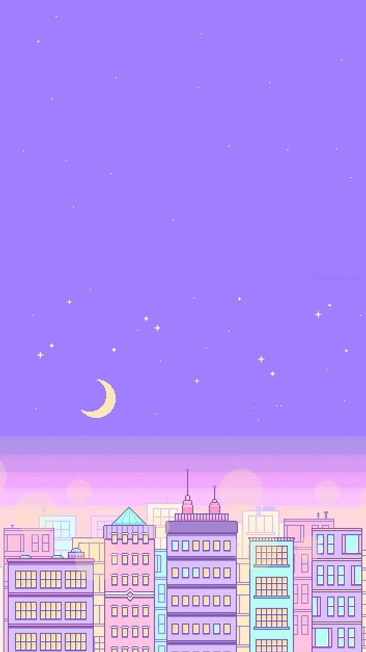 Skyline pixel art viola luna, 720x1280 Full HD Verticale, Smartphone