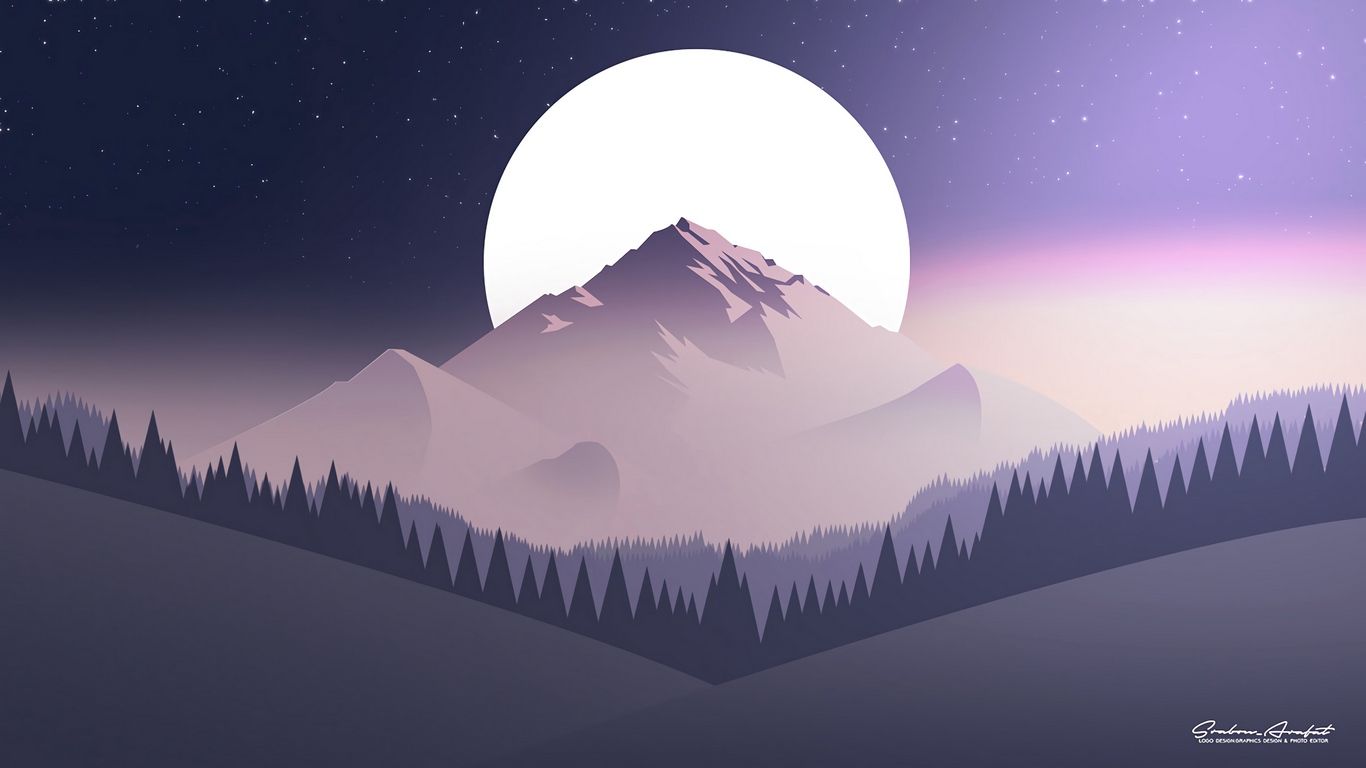 Luna viola montagne foresta notte, 1366x768 720p, PC