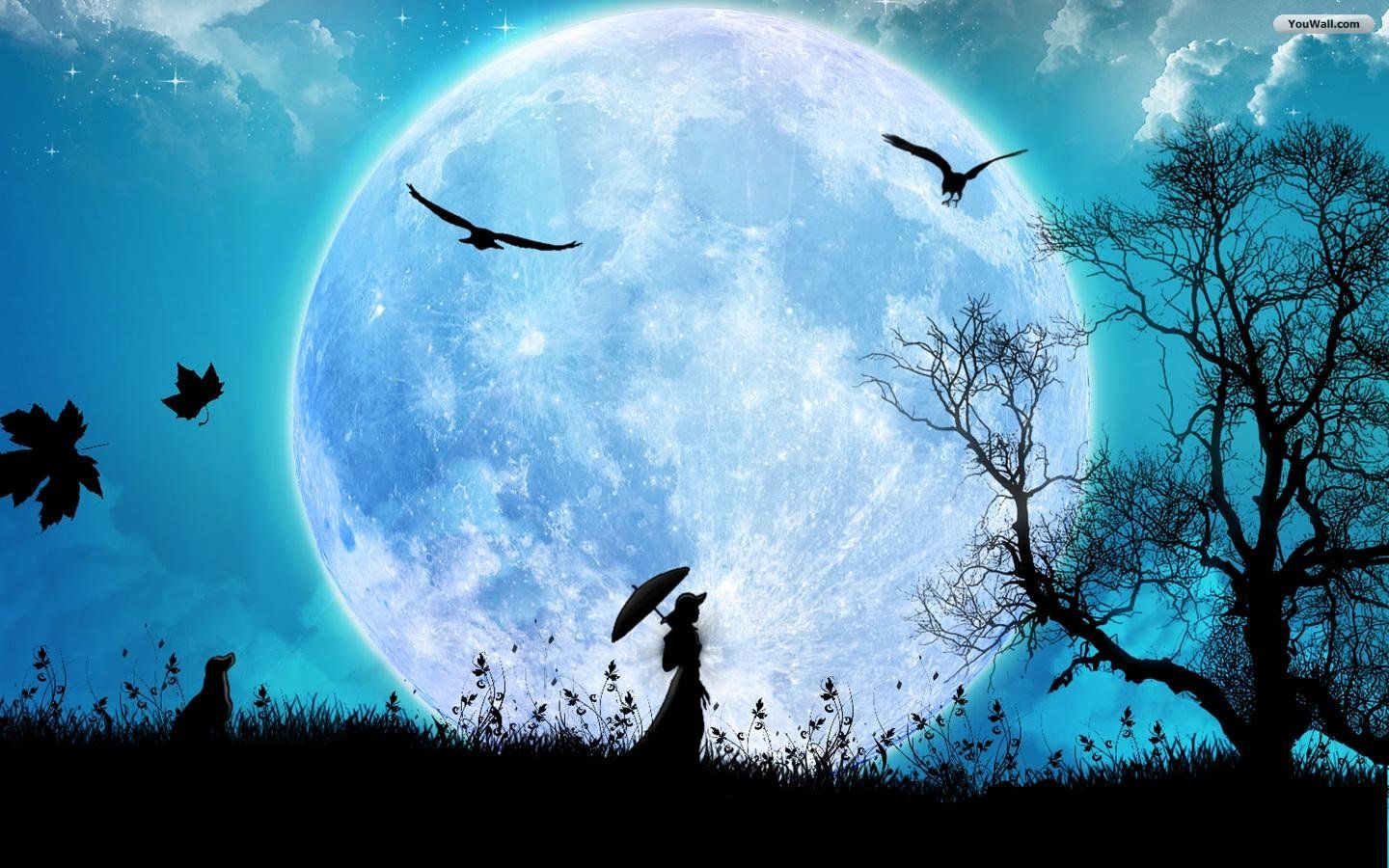 Luna blu con silhouette donna ombrello, 1440x900 720p, PC