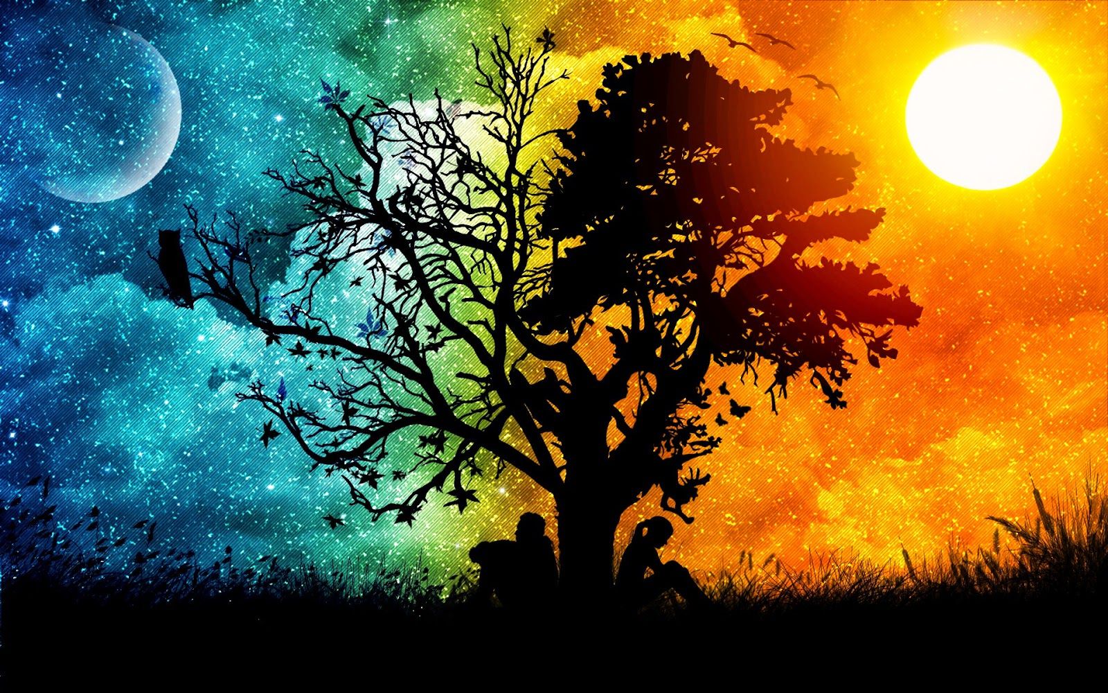 Albero silhouette luna sole, 1600x1000 HD Ready, PC