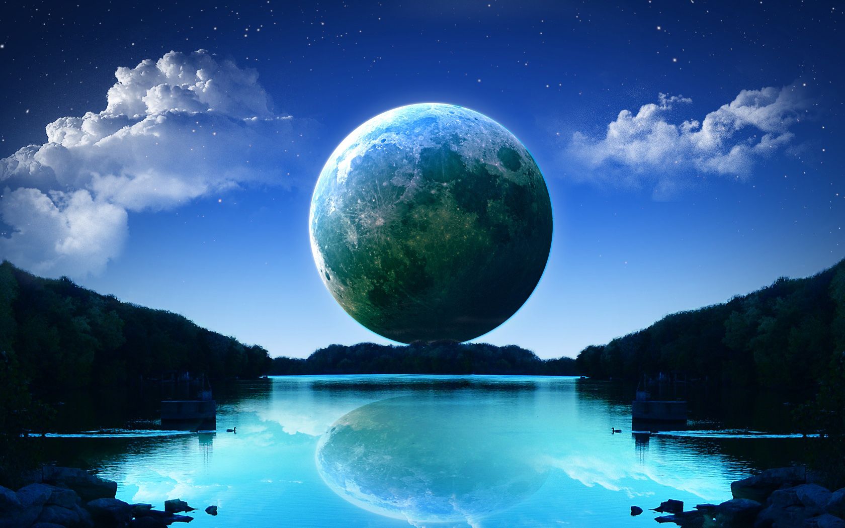 Luna verde su lago blu, 1680x1050 HD, Desktop