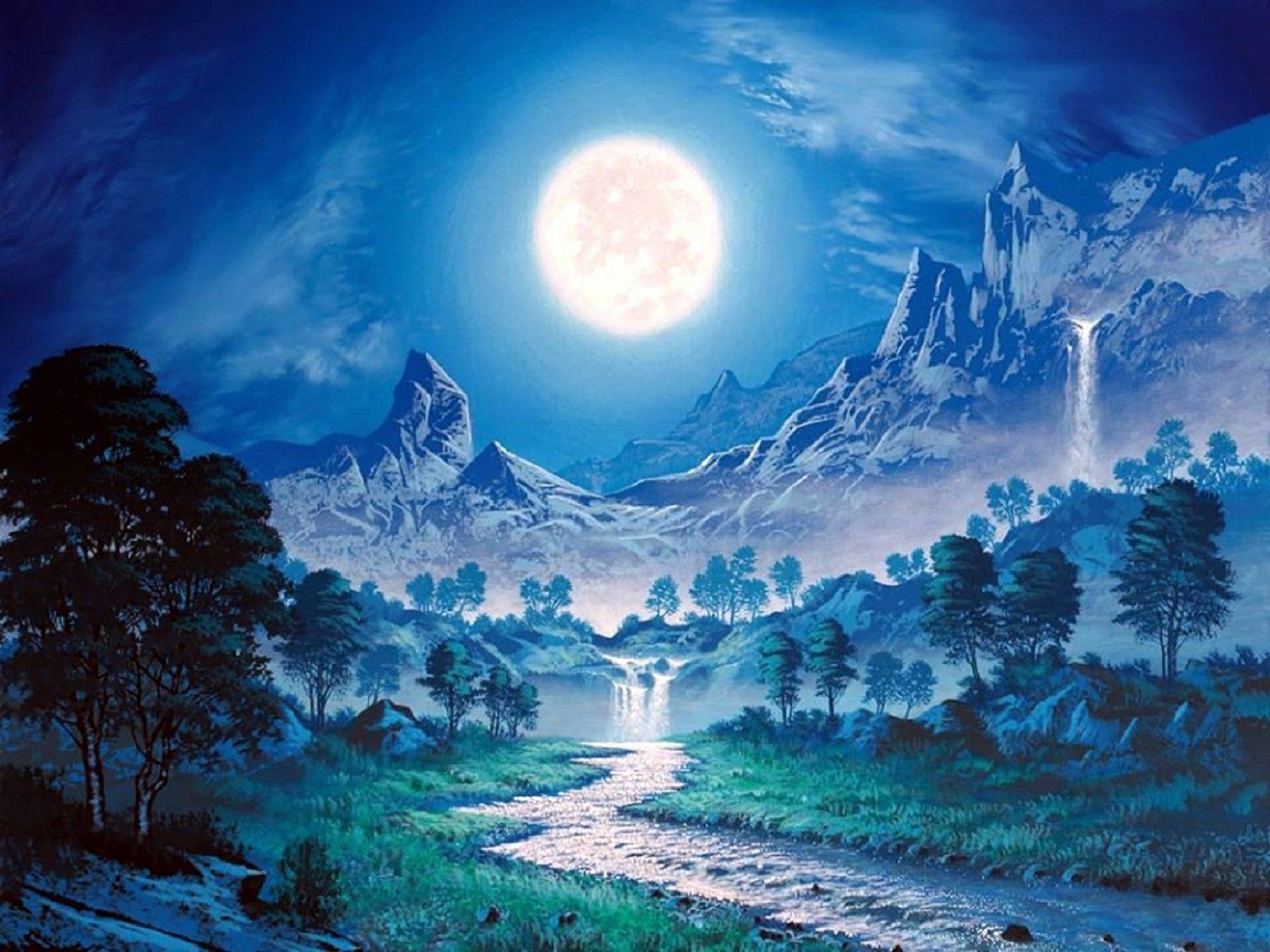 Paesaggio montano notturno con luna piena, 1800x1350 HD Ready, PC