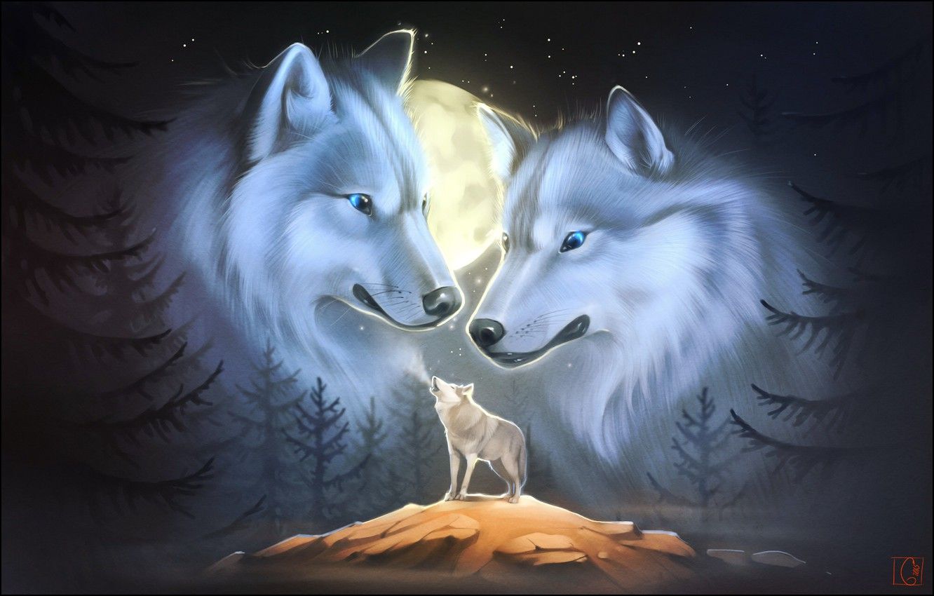 Lupi ululanti sotto luna piena, 1332x850 HD, Desktop