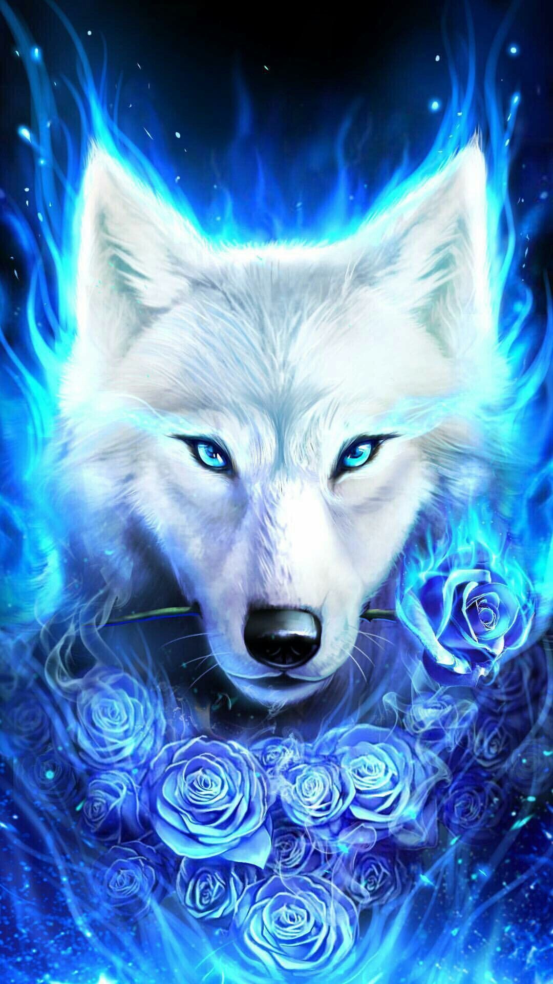 Lupo bianco fiamme blu, 1080x1920 Full HD Verticale, iPhone