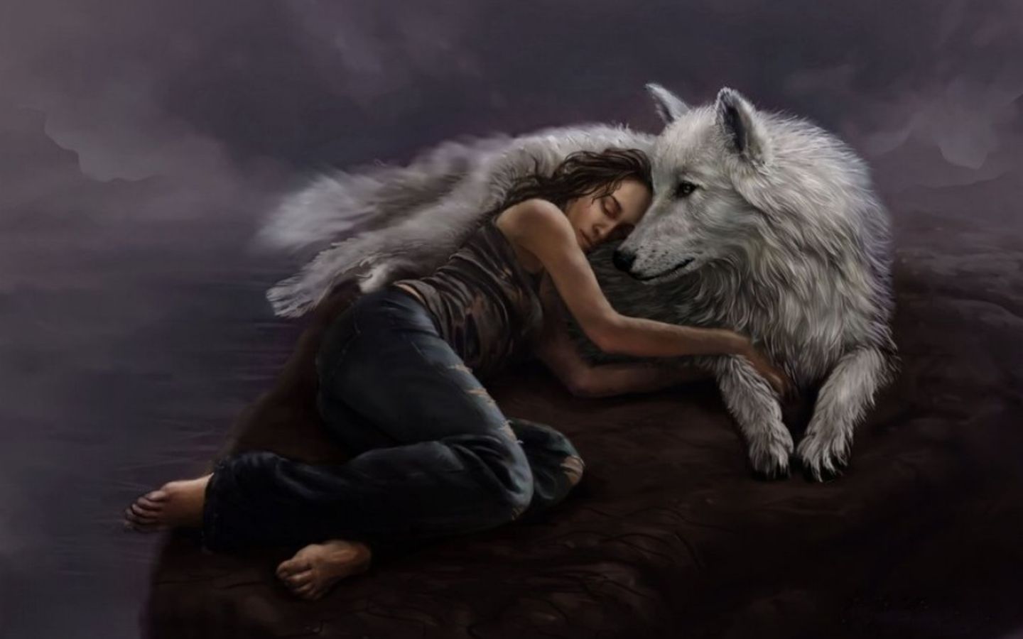 Ragazza addormentata con lupo bianco, 1440x900 HD, Desktop