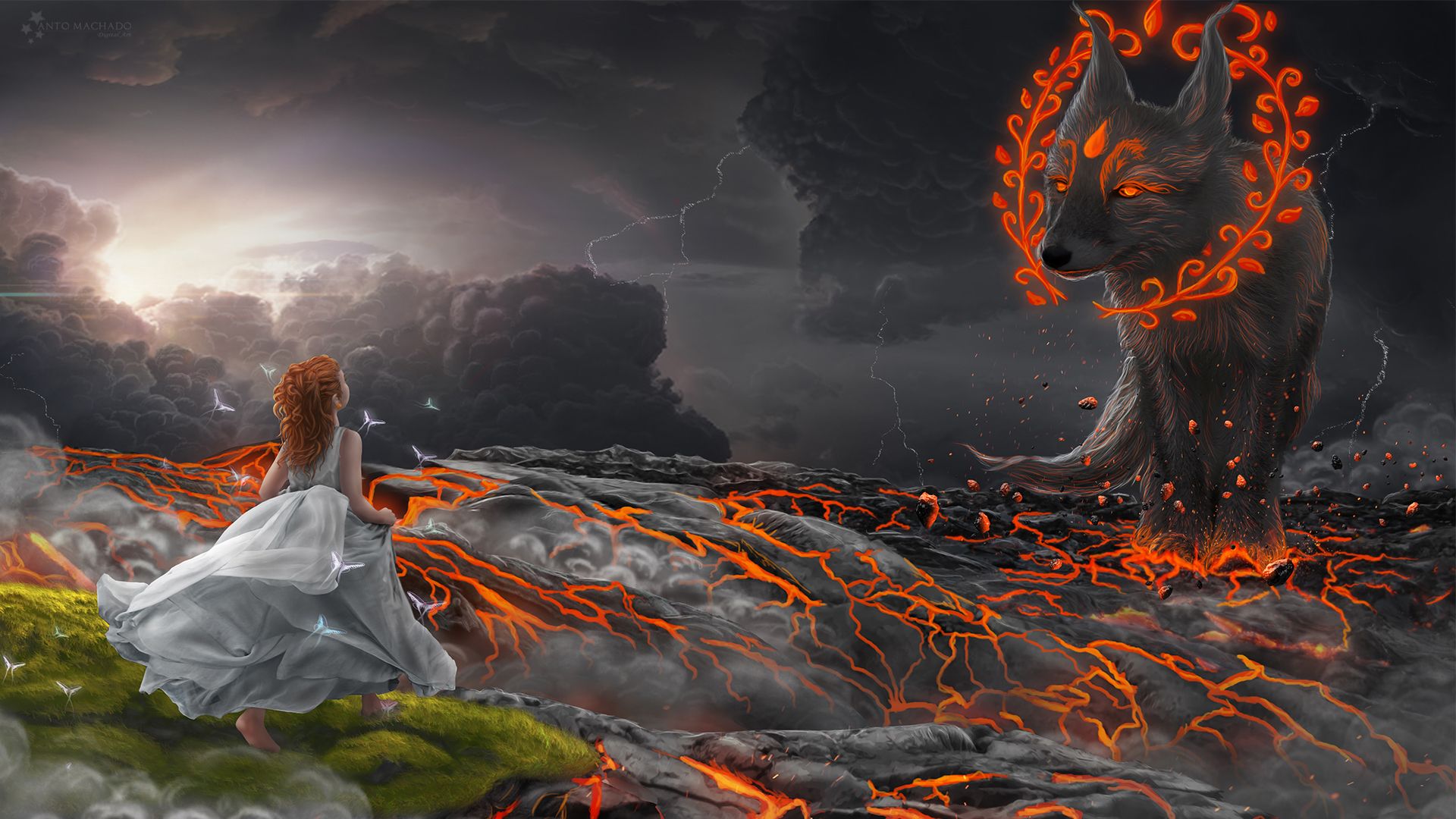Ragazza rossa e lupo di fuoco, 1920x1080 1080p, Desktop