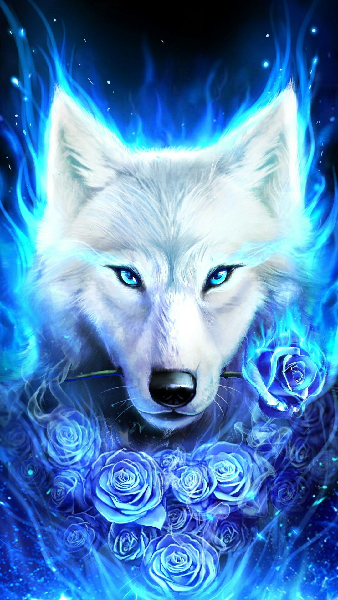 Lupo bianco fiamme blu, 1080x1920 Verticale, Mobile