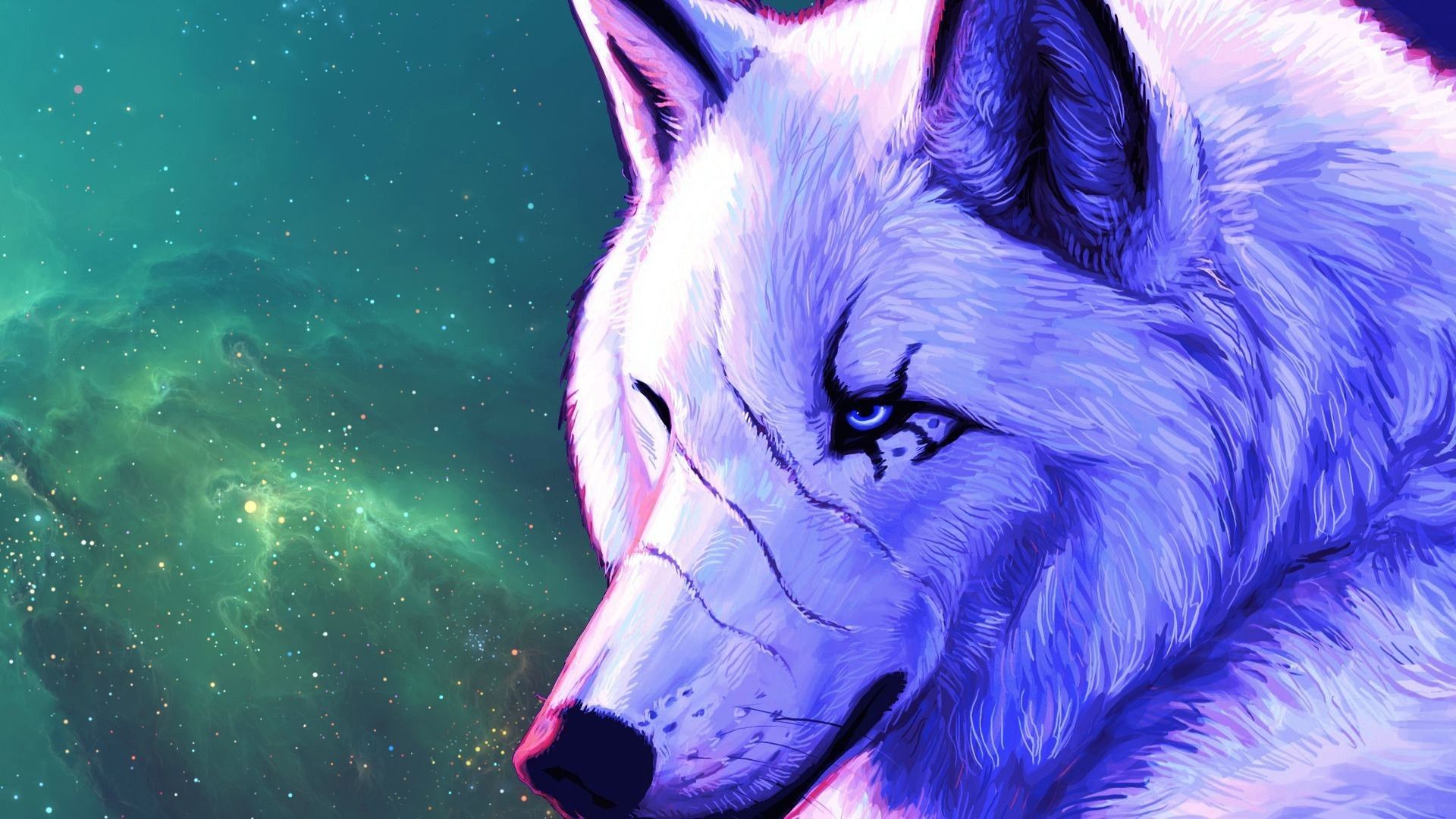 Lupo bianco galassia verde, 1920x1080 Full HD 1080p, PC Desktop