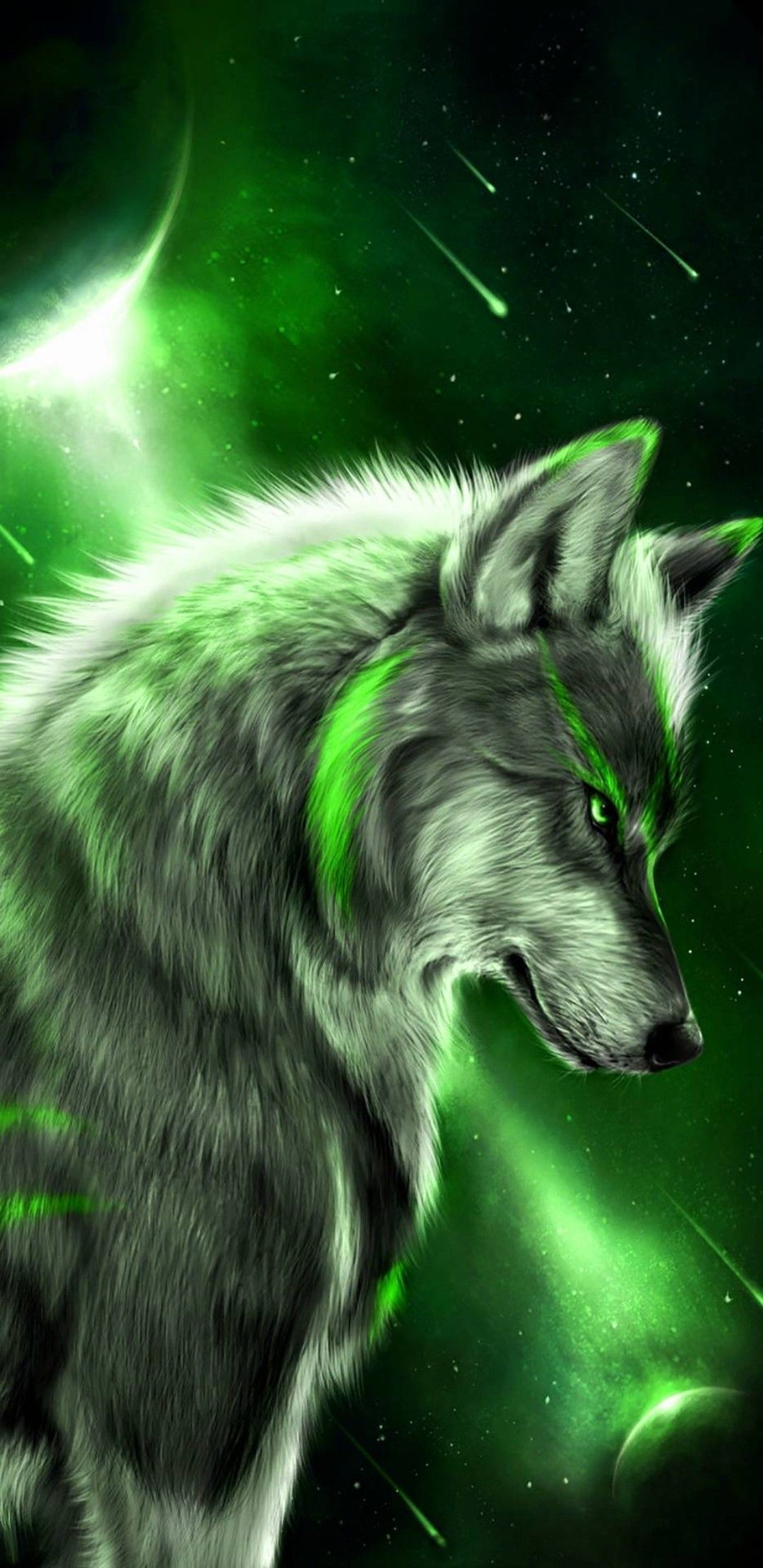 Lupo magico verde luminoso, 1080x2220 Full HD Verticale, Smartphone
