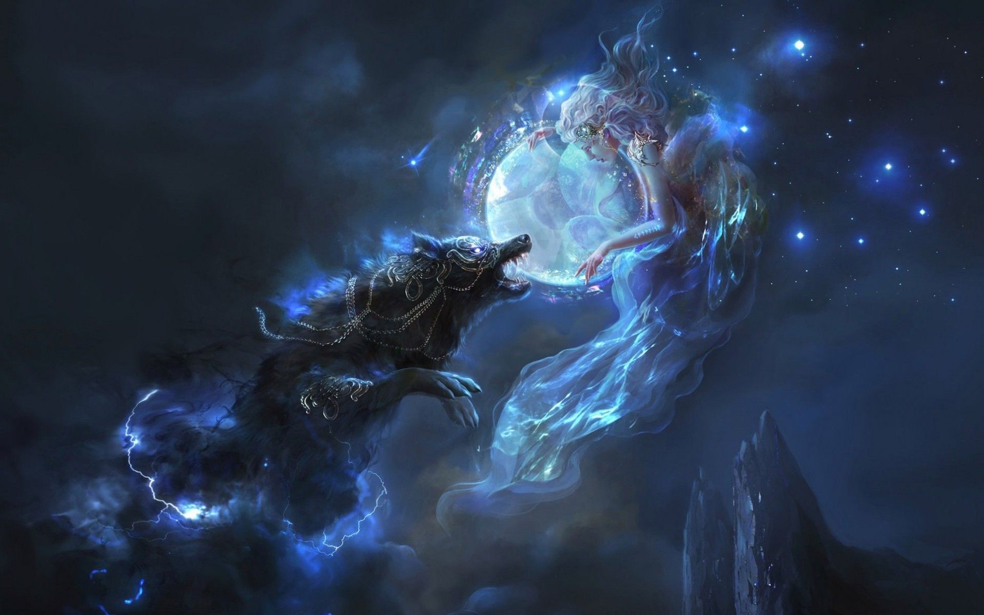 Lupo magico e ragazza fantasy, 1920x1200 WUXGA, Desktop