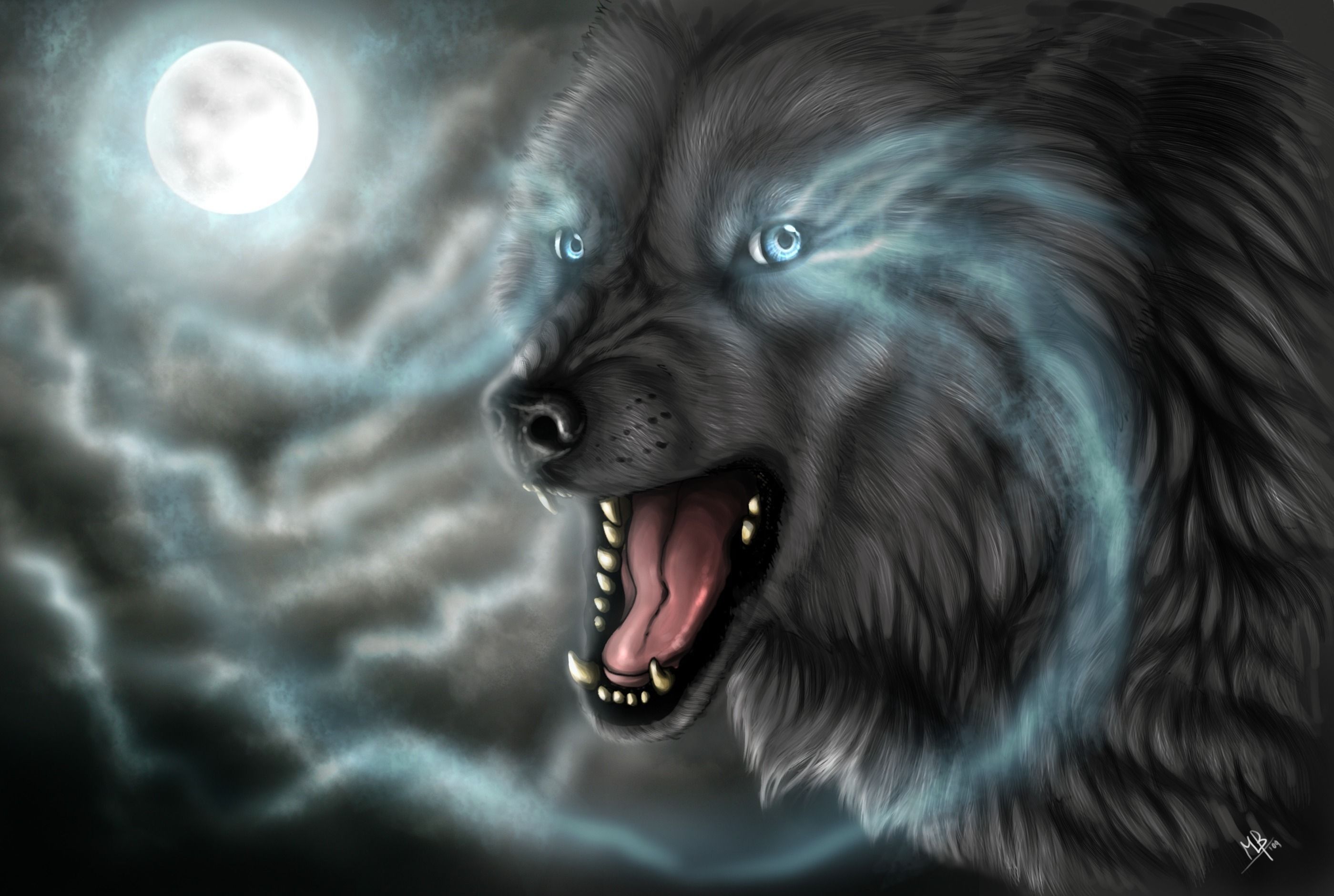 Lupo nero ringhiante con luna, 2799x1880 2K, Desktop