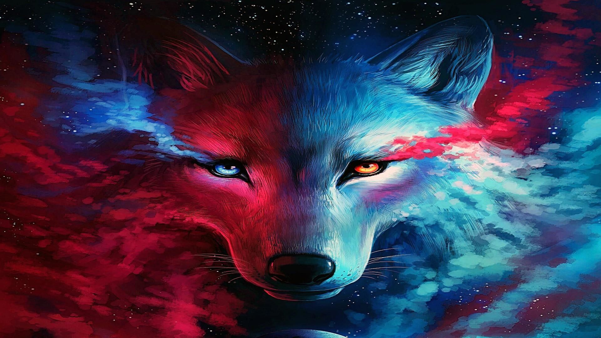 Lupo neon rosso e blu, 1920x1080 Full HD, Desktop