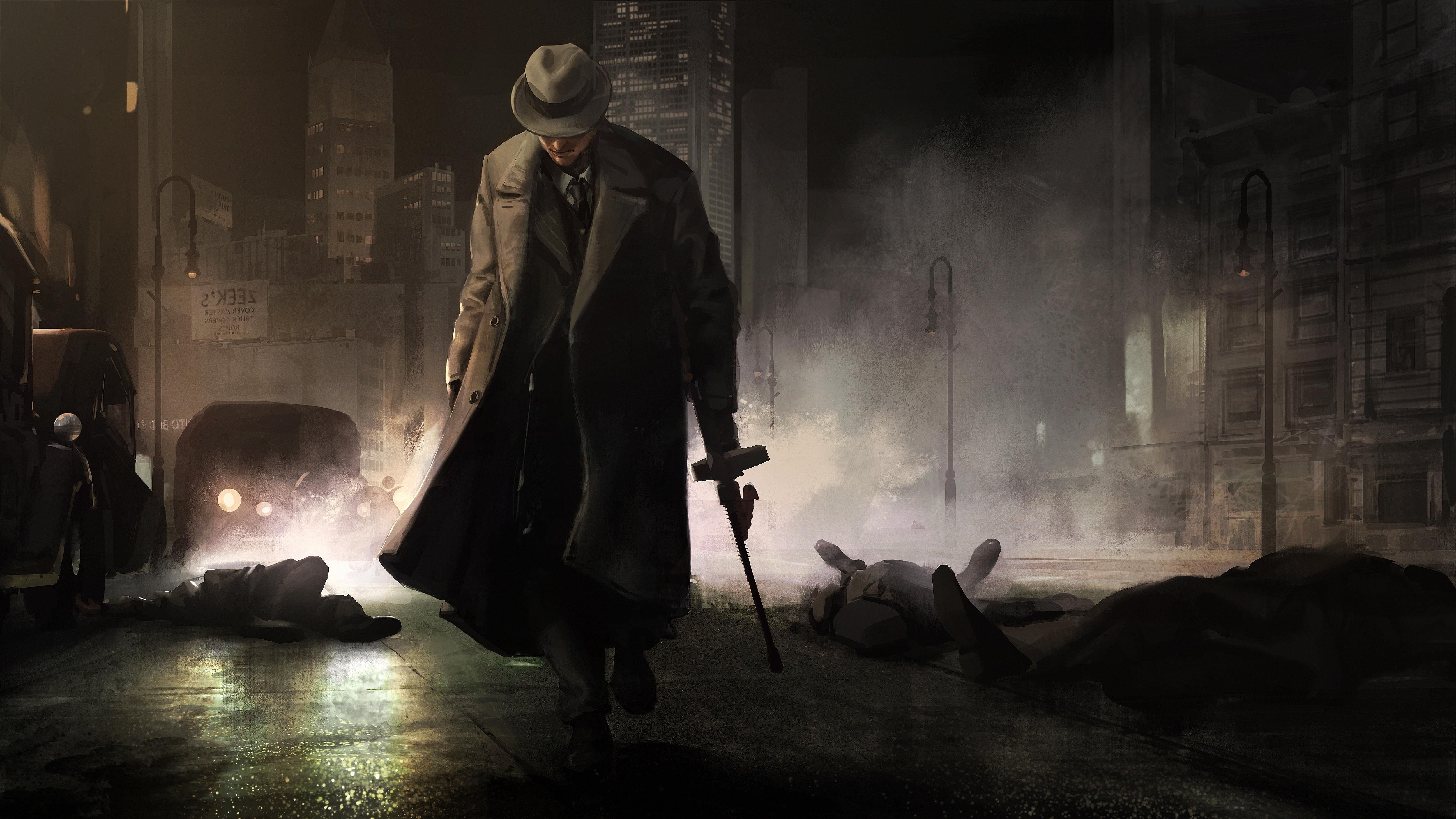 Uomo mafioso con bastone notte, 5000x2813 UHD, Monitor 4K