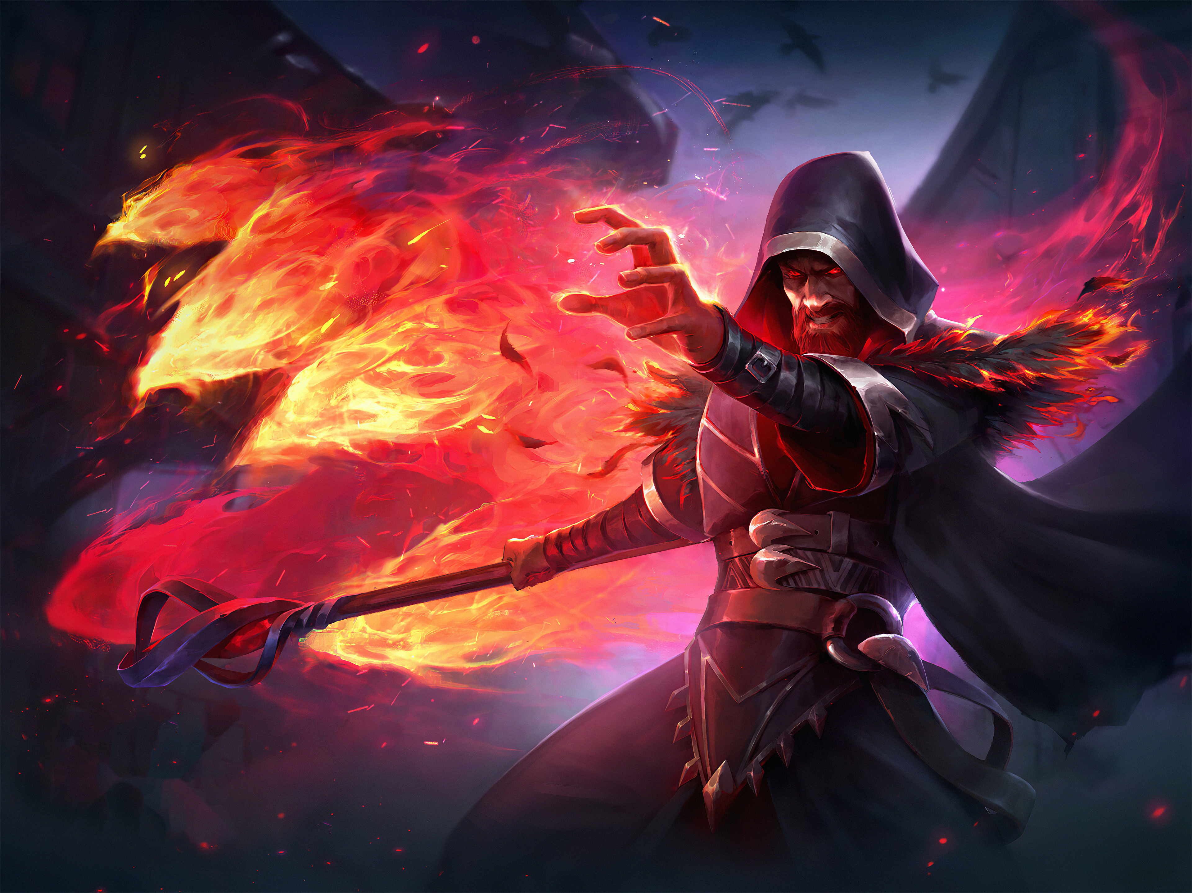 Mago incappucciato con fuoco, 3840x2878 4K, Desktop 4K