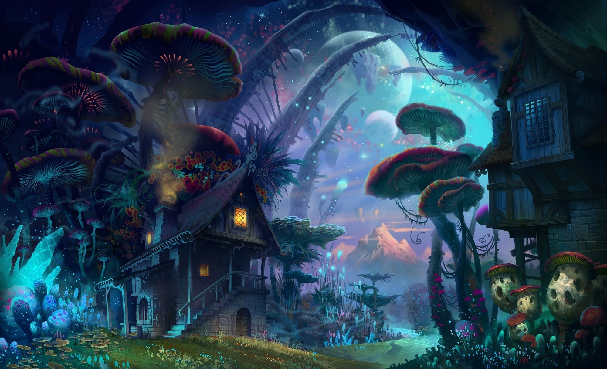Villaggio fantasy funghi magici, 2000x1216 2K, Laptop