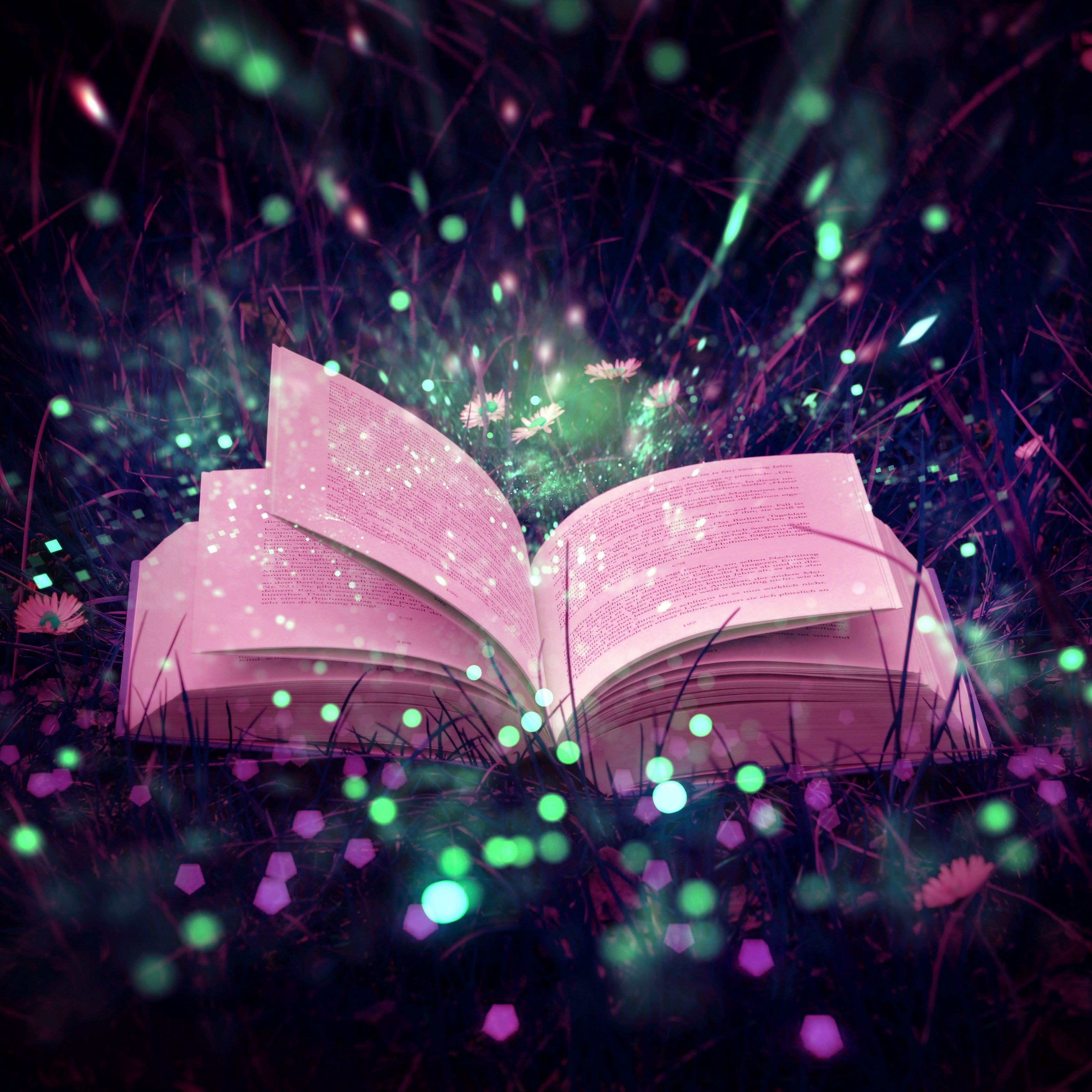 Libro magico luminoso nell'erba, 3415x3415 2K, Desktop