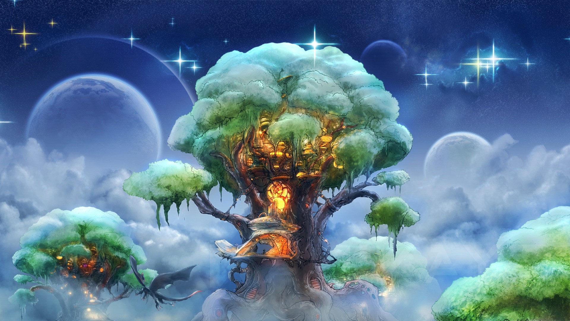 Albero magico luminoso tra nuvole, 1920x1080 Full HD, PC Desktop