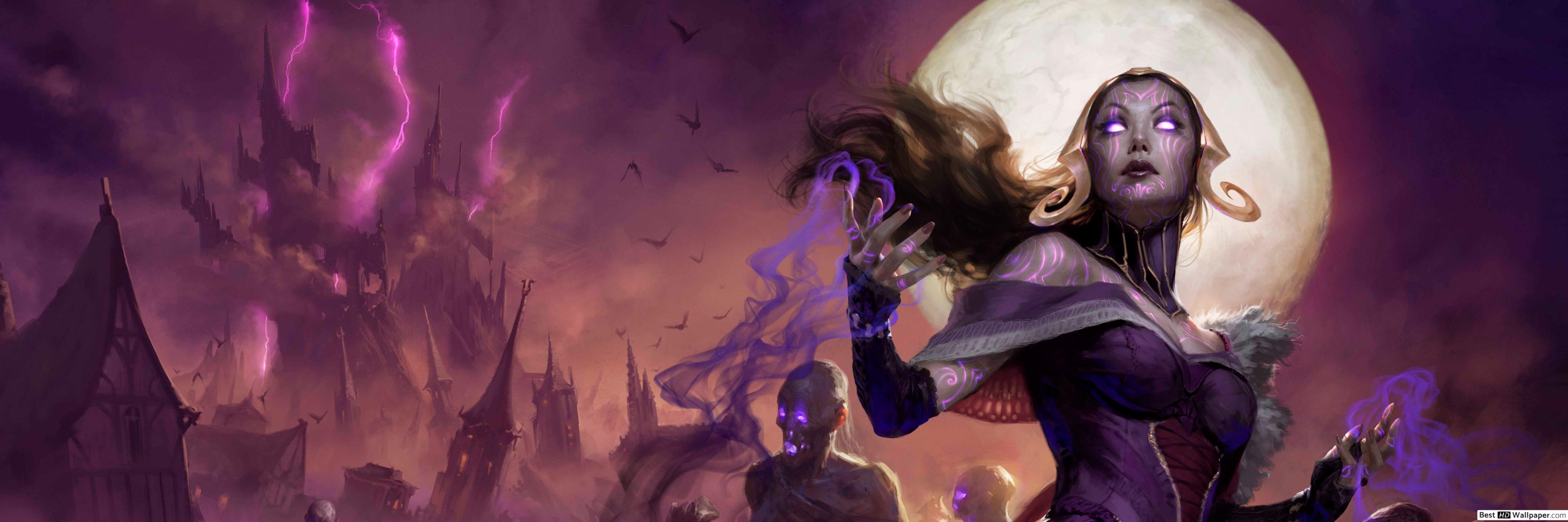 Maga con luna piena viola, 3840x1280 Ultrawide, Dual Monitor