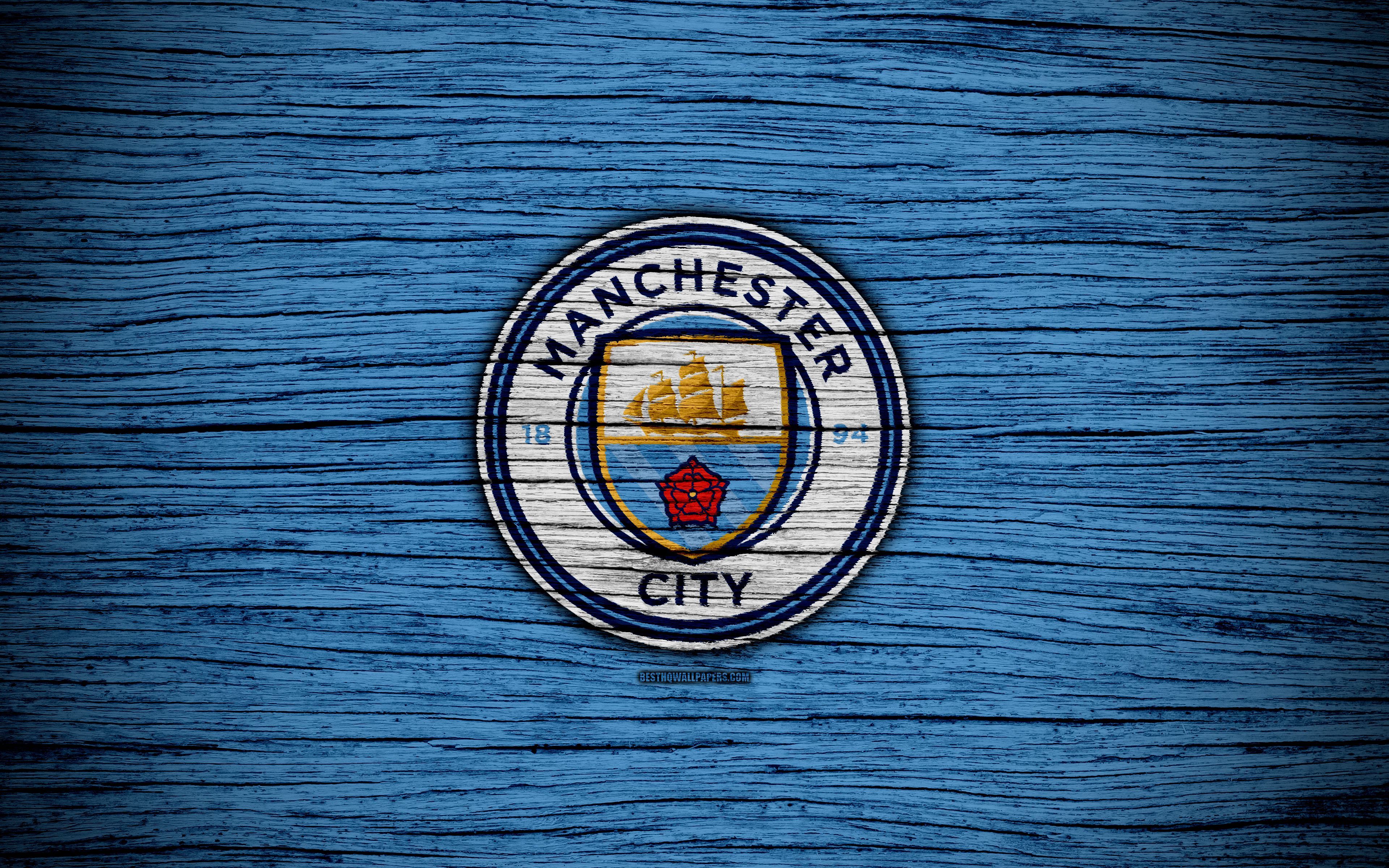 Logo Manchester City su legno, 3840x2400 UHD, PC 4K