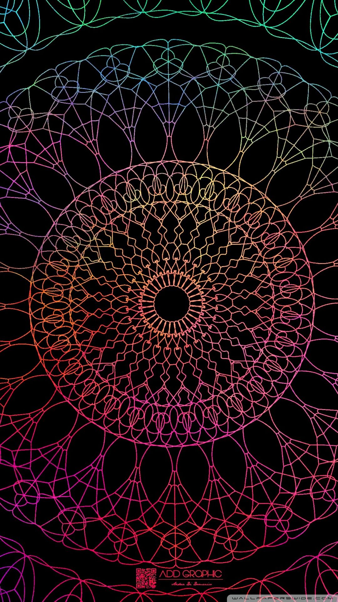 Mandala geometrico colorato sfondo nero, 1080x1920 Full HD Verticale, Smartphone