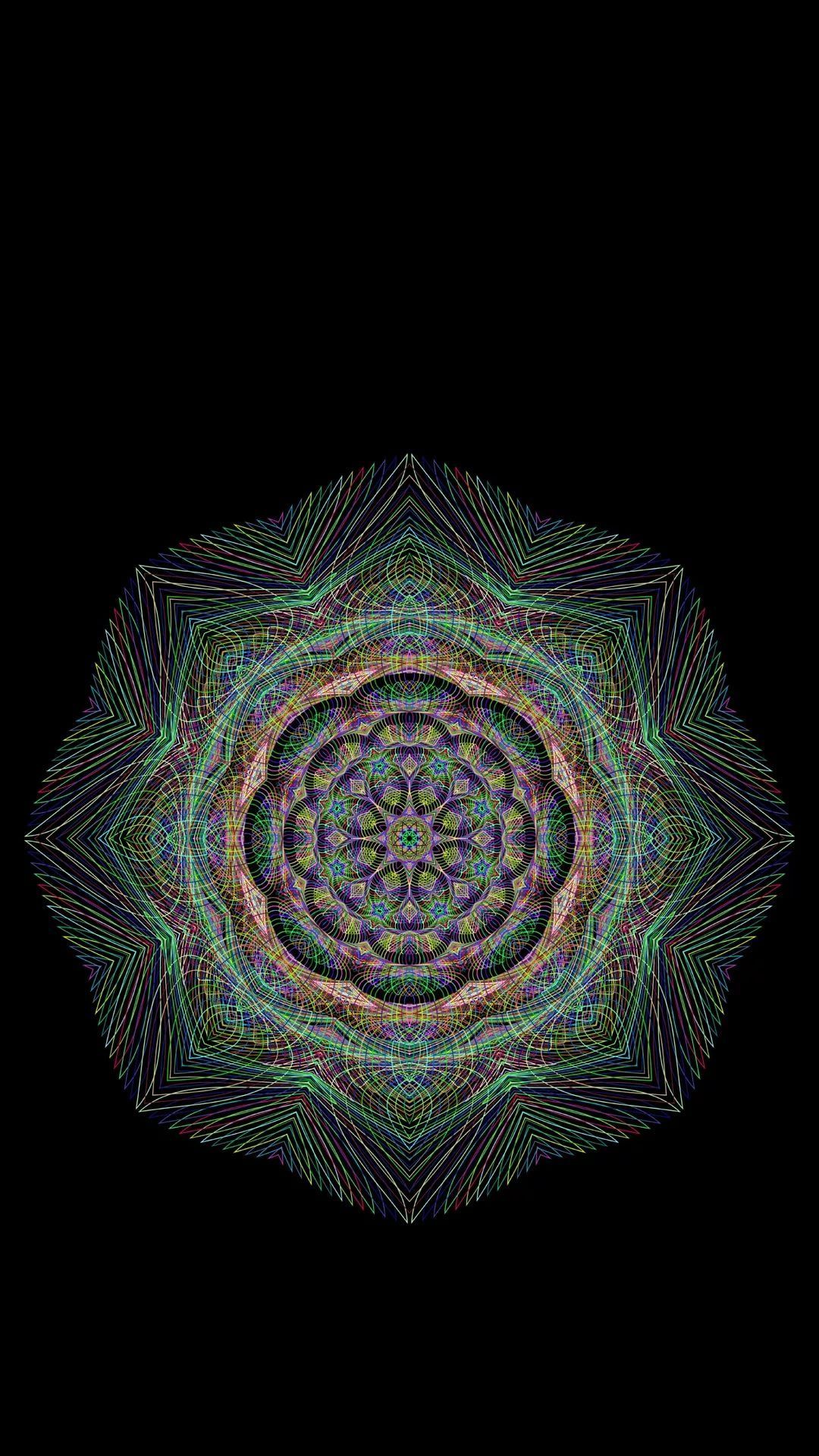 Mandala geometrico verde su nero, 1080x1920 Verticale, Telefono
