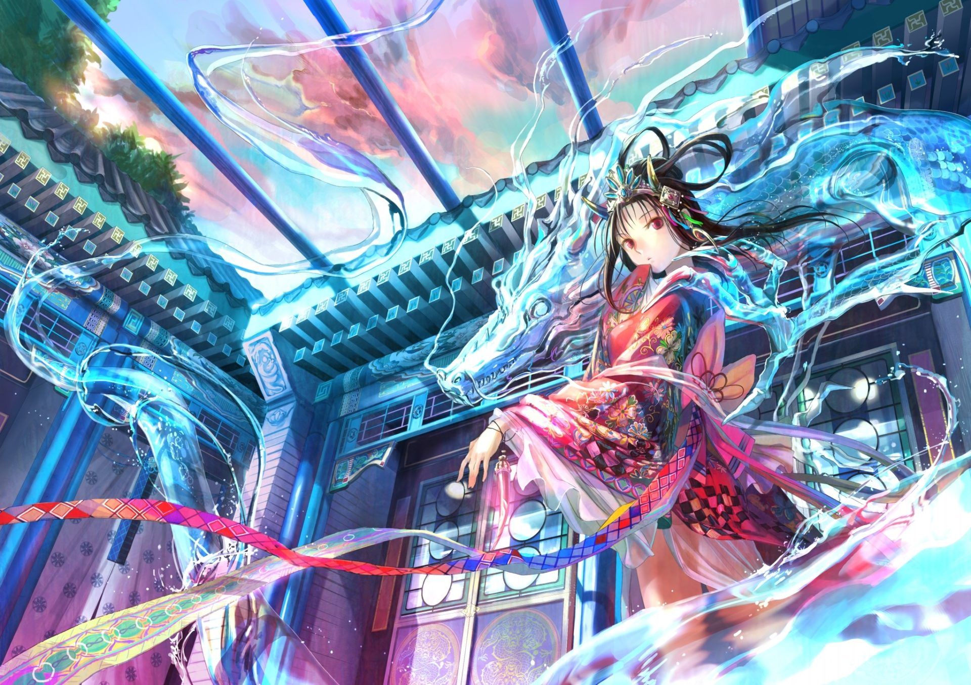 Ragazza kimono con drago acqua, 1920x1355 Full HD+ WUXGA, PC Desktop