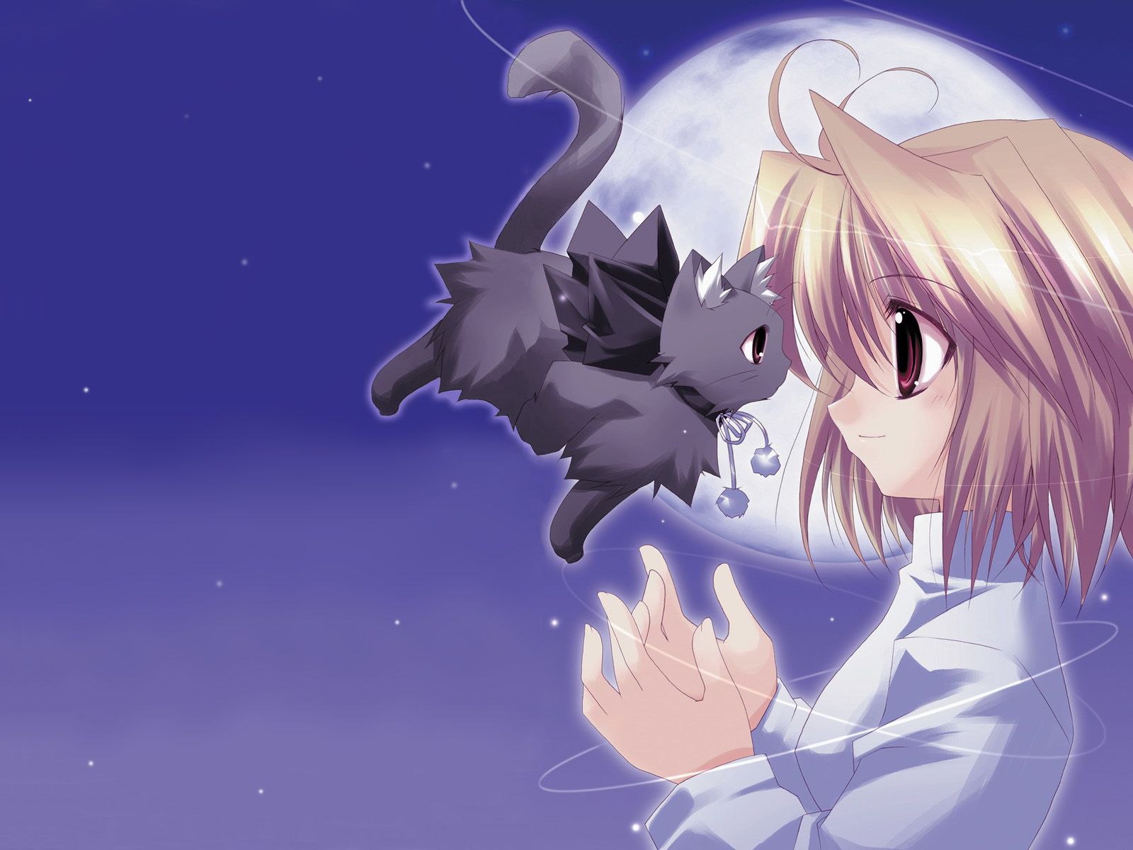Ragazza anime con gattino nero, 1600x1200 HD, Desktop