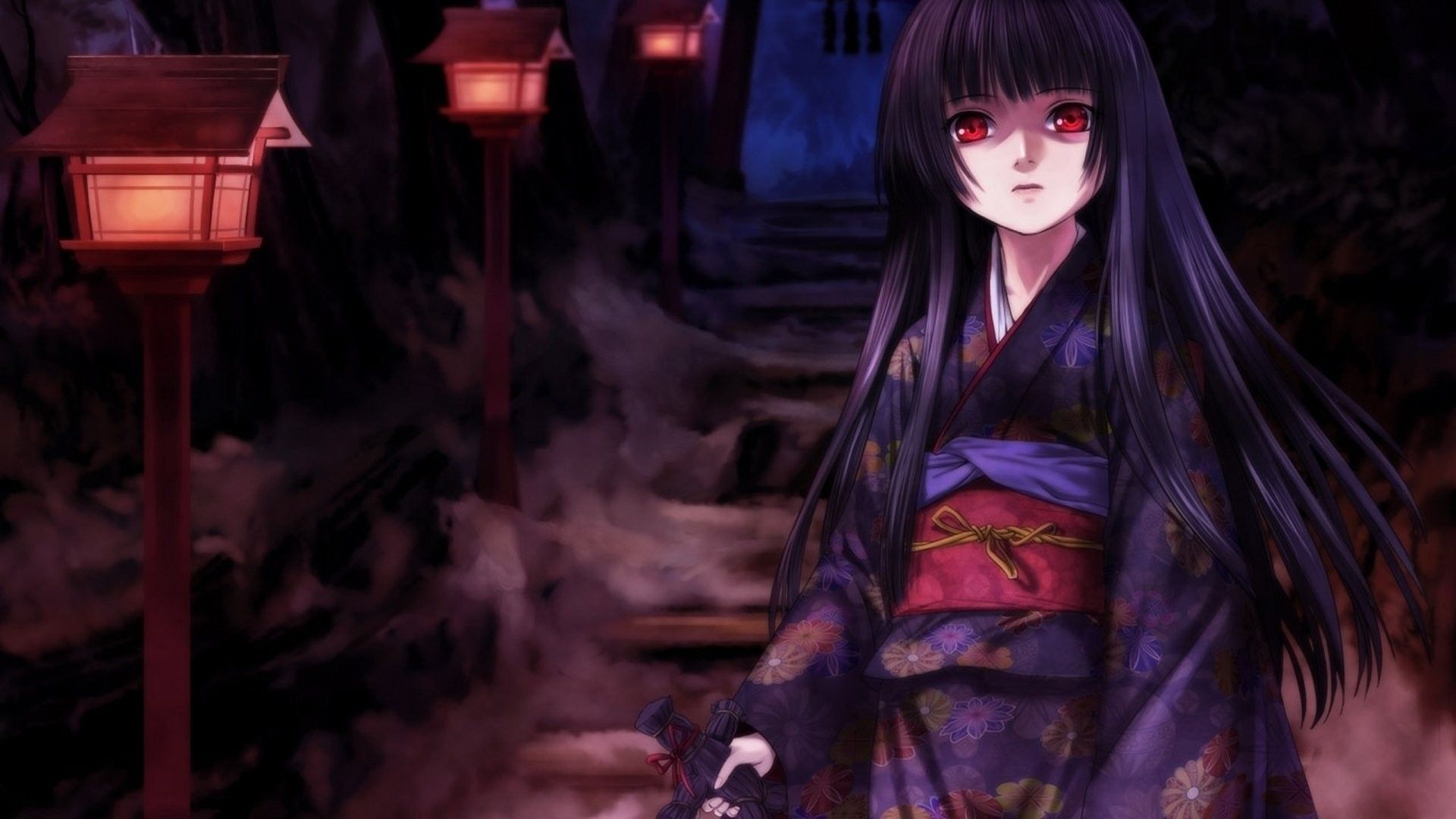 Ragazza anime kimono lanterne notte, 1920x1080 1080p, Laptop