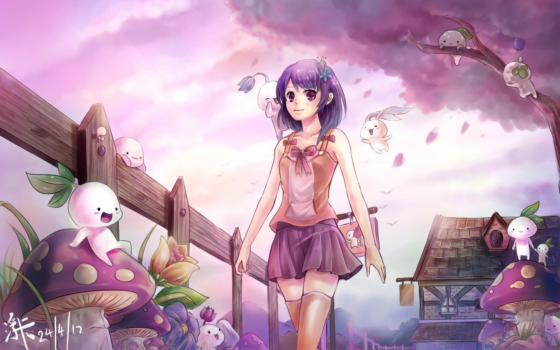 Ragazza manga capelli viola con conigli, 1920x1200 Full HD+, Laptop