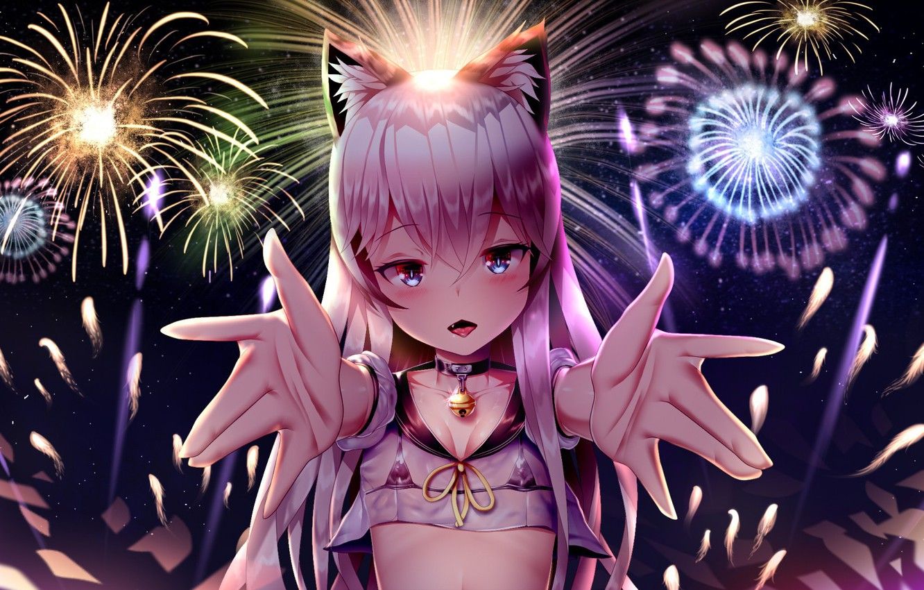 Ragazza anime orecchie gatto fuochi artificio, 1332x850 HD, Desktop