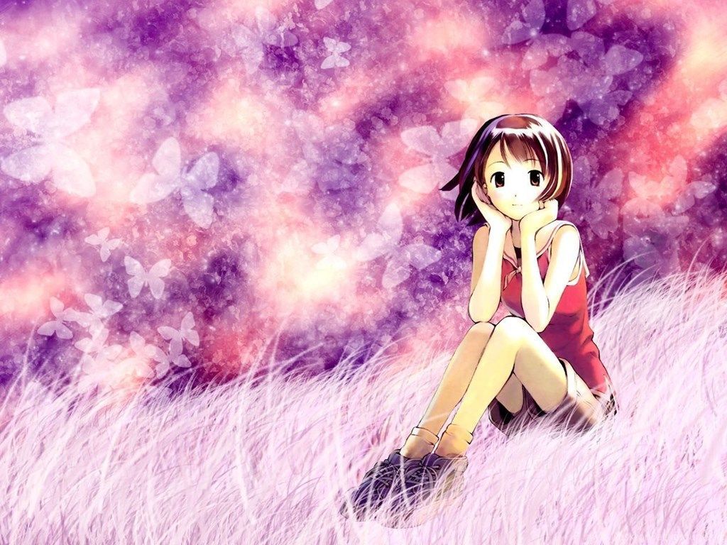 Ragazza manga seduta erba viola, 1024x768 HD, Laptop